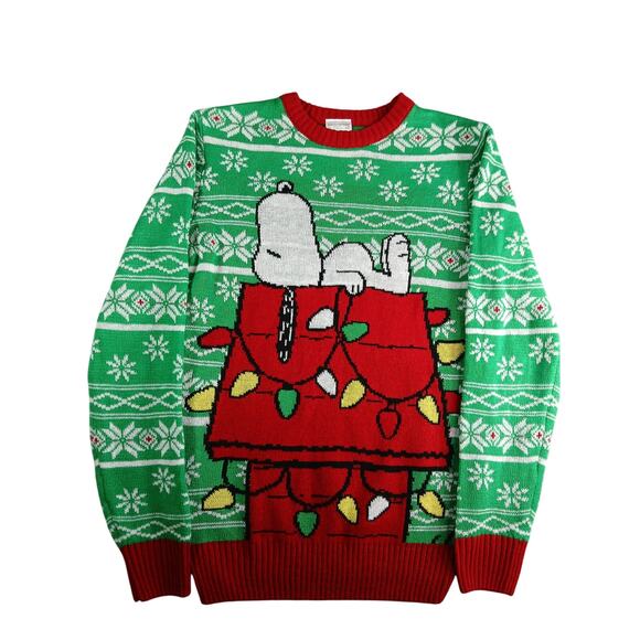 Peanuts Christmas Sweater Mens Small Red Knit Pullover Holiday Snoopy Festive - Picture 1 of 8